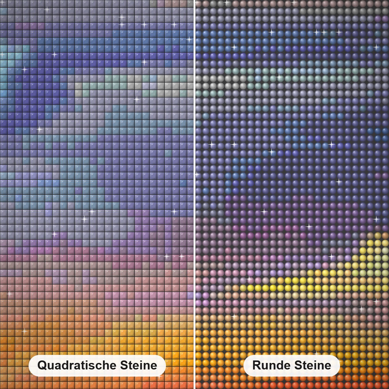 Qu'appelle-Winkel - Kunst des Jonn Einerssen Diamond Painting Nahaufnahme mit quadratischen und runden Steinen