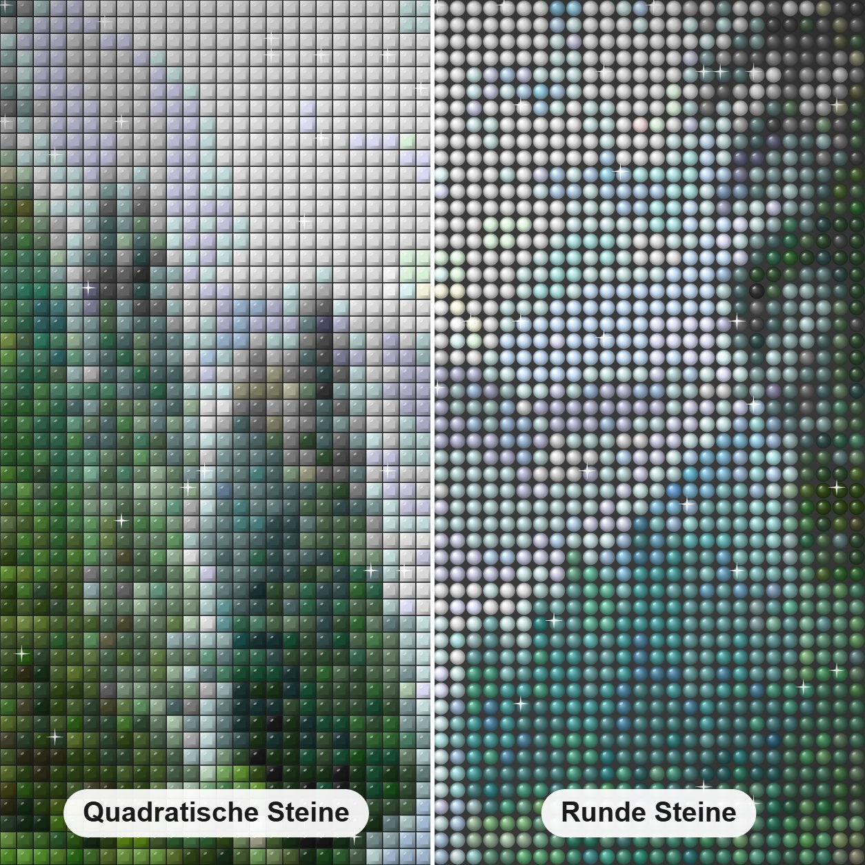 Ruhiger Bergsee - Kunst des Denise Dundon Diamond Painting Nahaufnahme mit quadratischen und runden Steinen