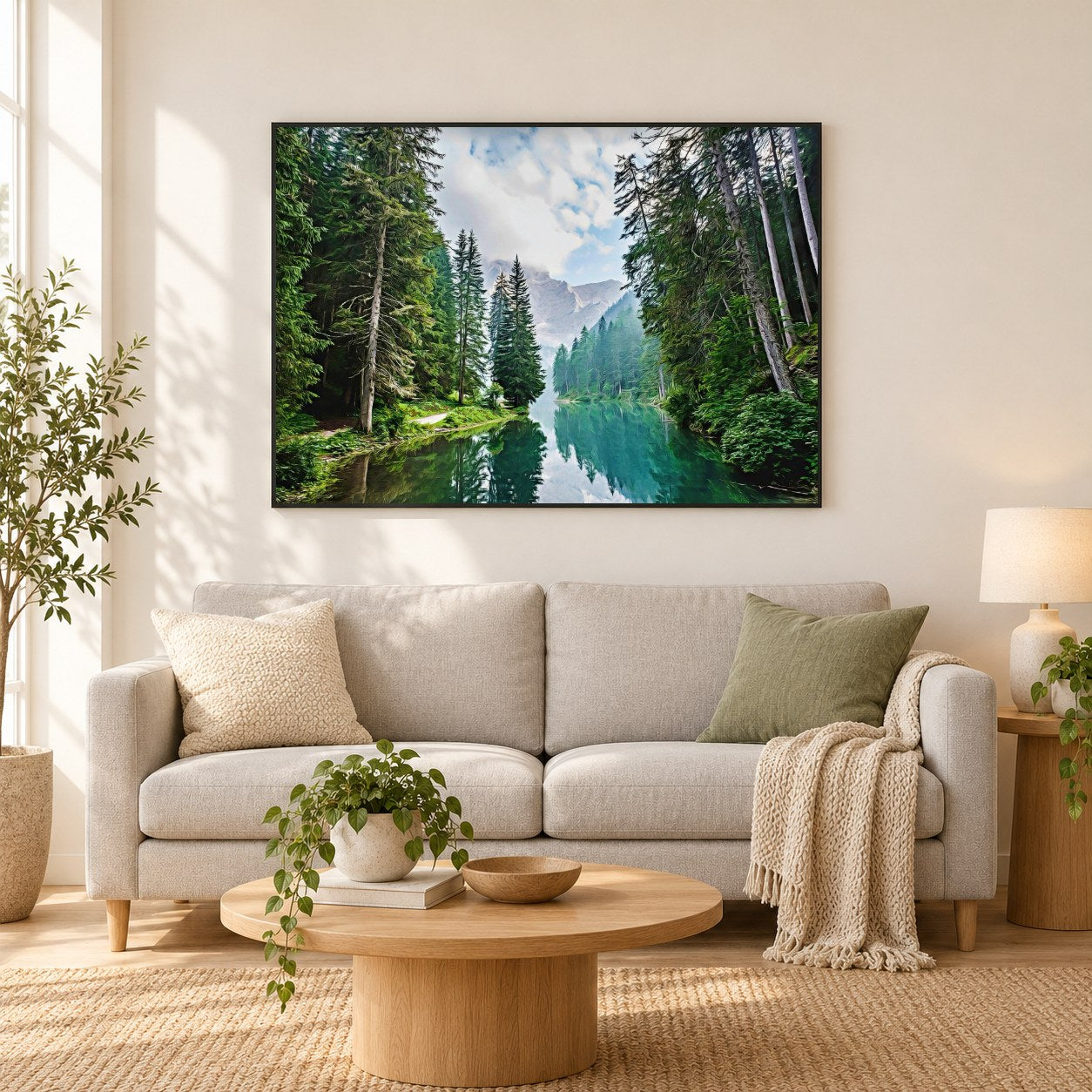 Ruhiger Bergsee - Kunst des Denise Dundon als gerahmtes Diamond Painting im Wohnzimmer