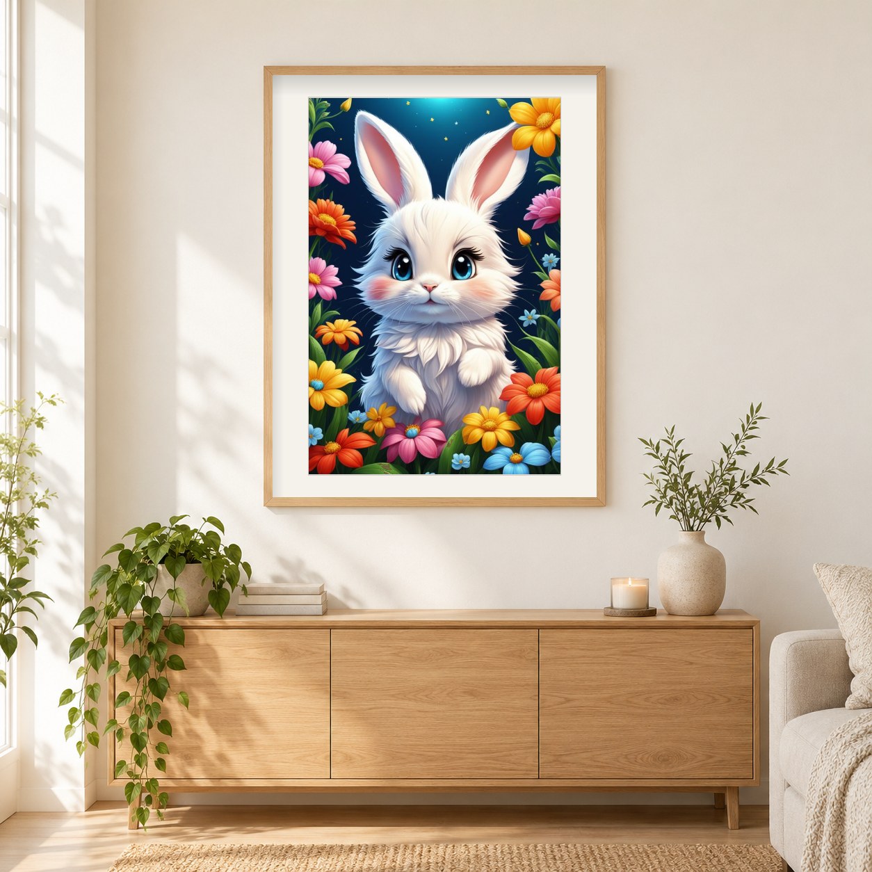 Kaninchen zwischen schönen Blumen als gerahmtes Diamond Painting im Wohnzimmer