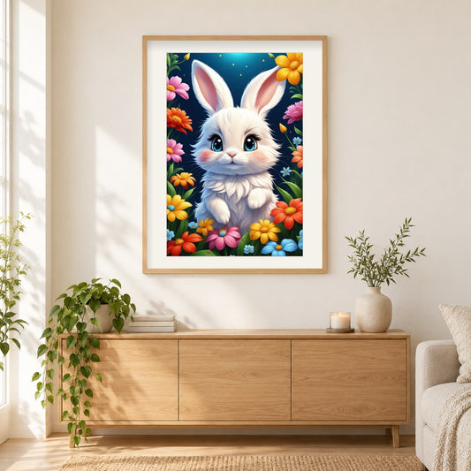 Kaninchen zwischen schönen Blumen als gerahmtes Diamond Painting im Wohnzimmer