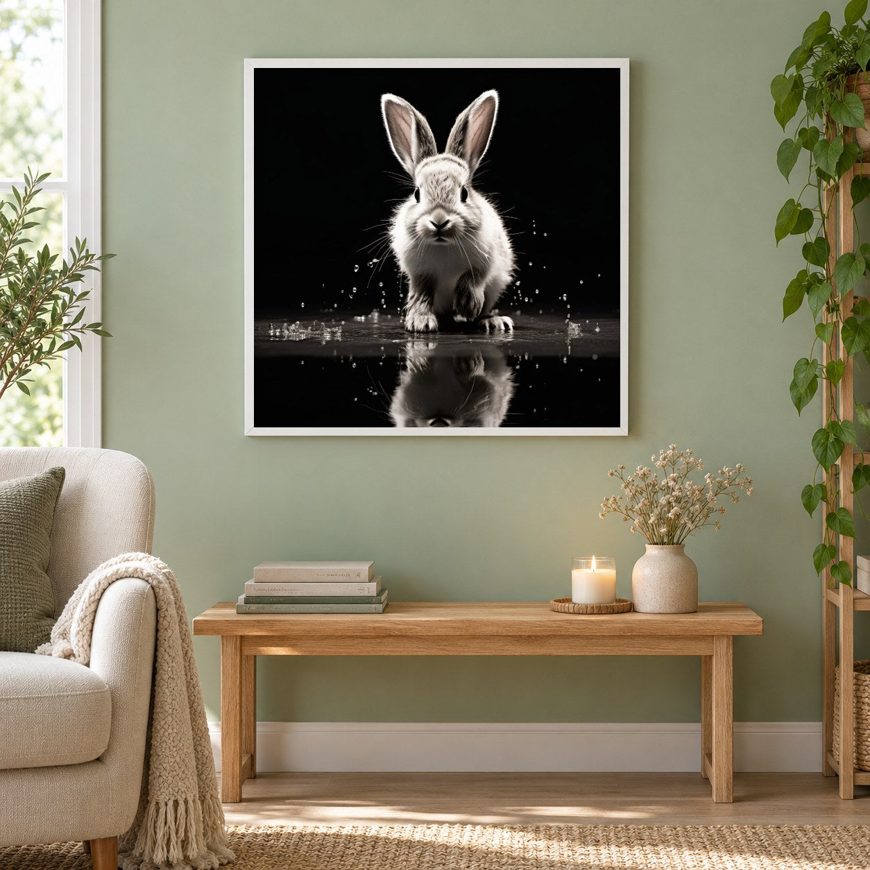 Kaninchen im Dunkeln - Gemälde nach Diamanten als gerahmtes Diamond Painting im Wohnzimmer