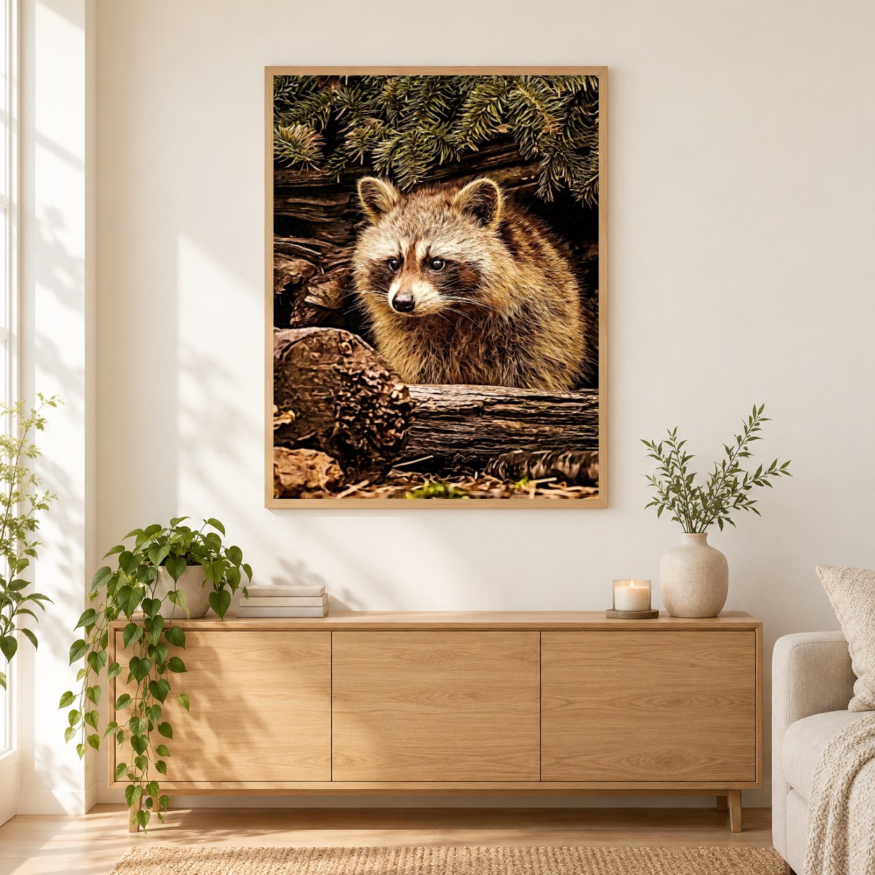 Waschbär - Kunst des Denise Dundon als gerahmtes Diamond Painting im Wohnzimmer