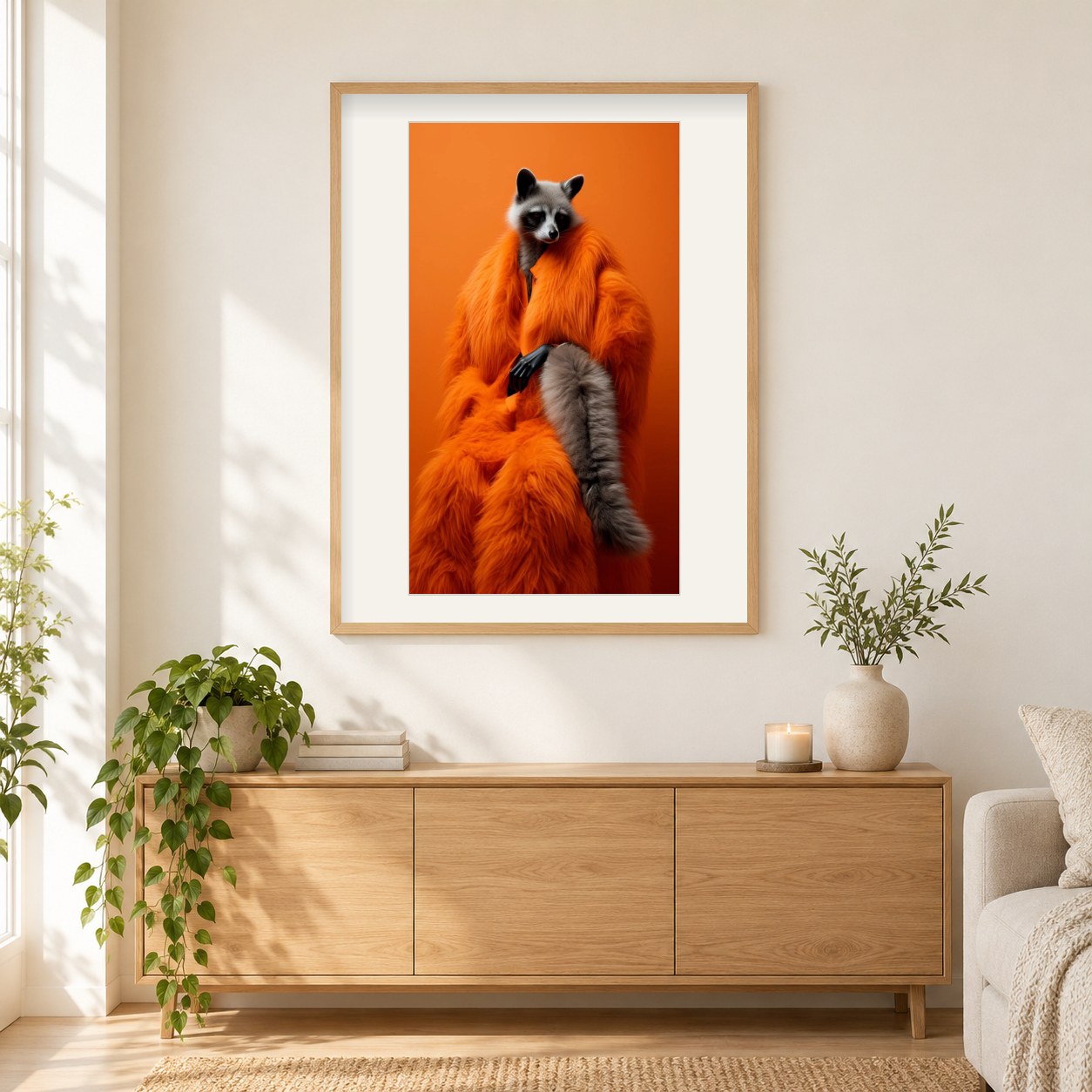 Waschbär im Pelzmantel - Gemälde nach Diamanten als gerahmtes Diamond Painting im Wohnzimmer