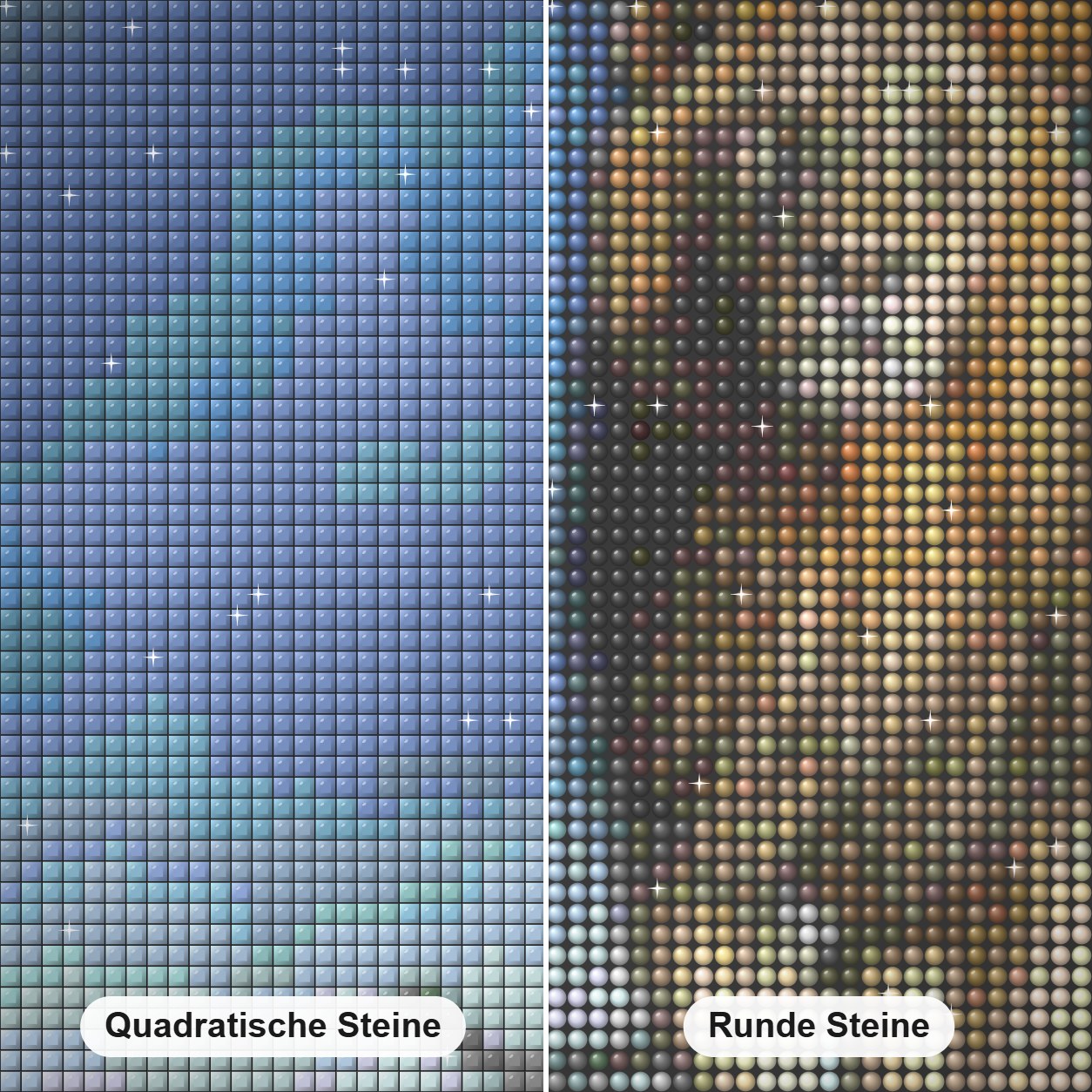 Regenmacher -  Kunst des Eric Wilson Diamond Painting Nahaufnahme mit quadratischen und runden Steinen