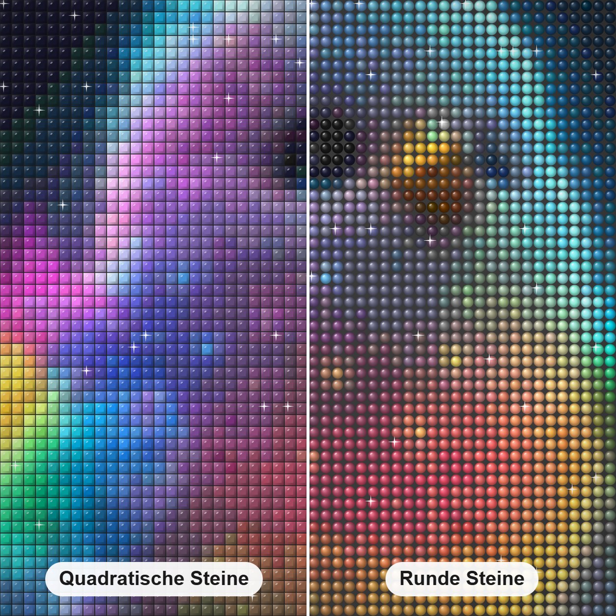 Rainbow Chicks strahlender Anfang Diamond Painting Nahaufnahme mit quadratischen und runden Steinen
