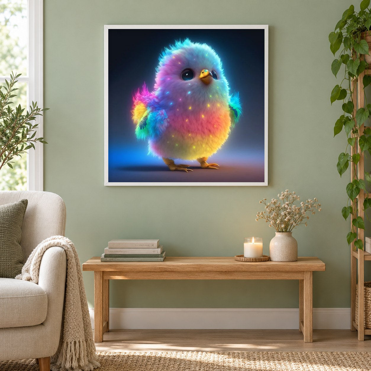 Rainbow Chicks strahlender Anfang als gerahmtes Diamond Painting im Wohnzimmer