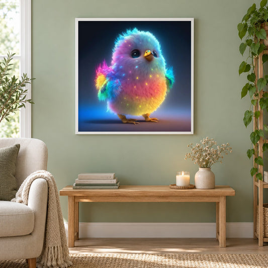 Rainbow Chicks strahlender Anfang als gerahmtes Diamond Painting im Wohnzimmer