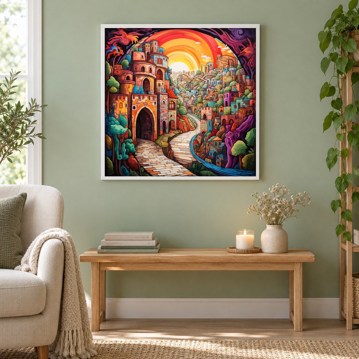 Rainbow City Diamantkunst als gerahmtes Diamond Painting im Wohnzimmer