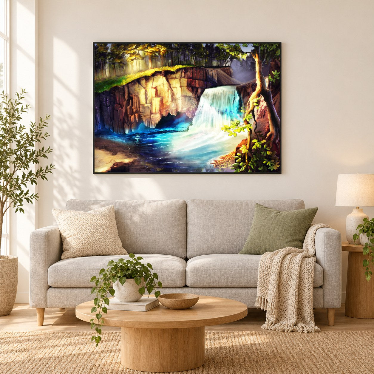 Regenbogen fällt - Kunst des Jean Guillet als gerahmtes Diamond Painting im Wohnzimmer