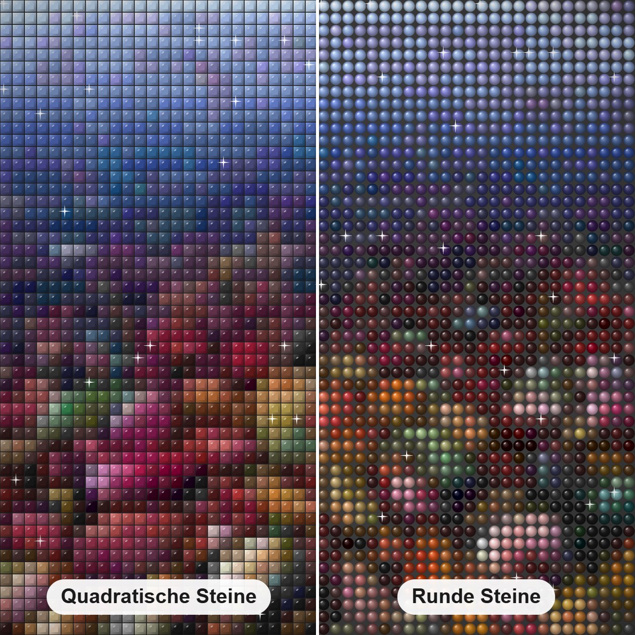 Rainbow Rocks Lake Diamond Painting Nahaufnahme mit quadratischen und runden Steinen