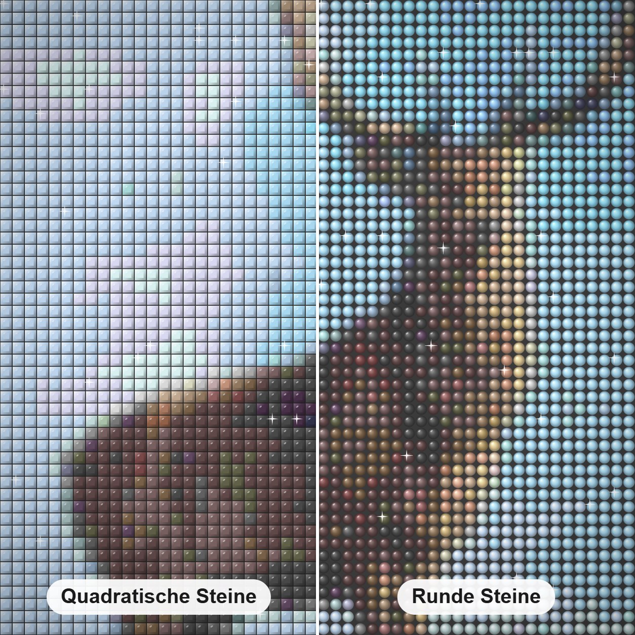 Rotwild -  Kunst des Eric Wilson Diamond Painting Nahaufnahme mit quadratischen und runden Steinen