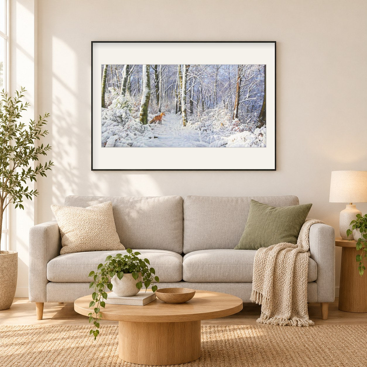 Rotfuchs und Rotkehlchen -  Kunst des Eric Wilson als gerahmtes Diamond Painting im Wohnzimmer