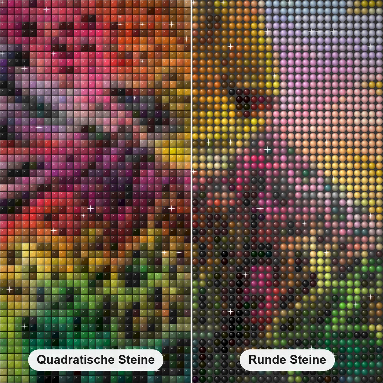 Regenbogen Leopard & Blumen. Diamond Painting Nahaufnahme mit quadratischen und runden Steinen
