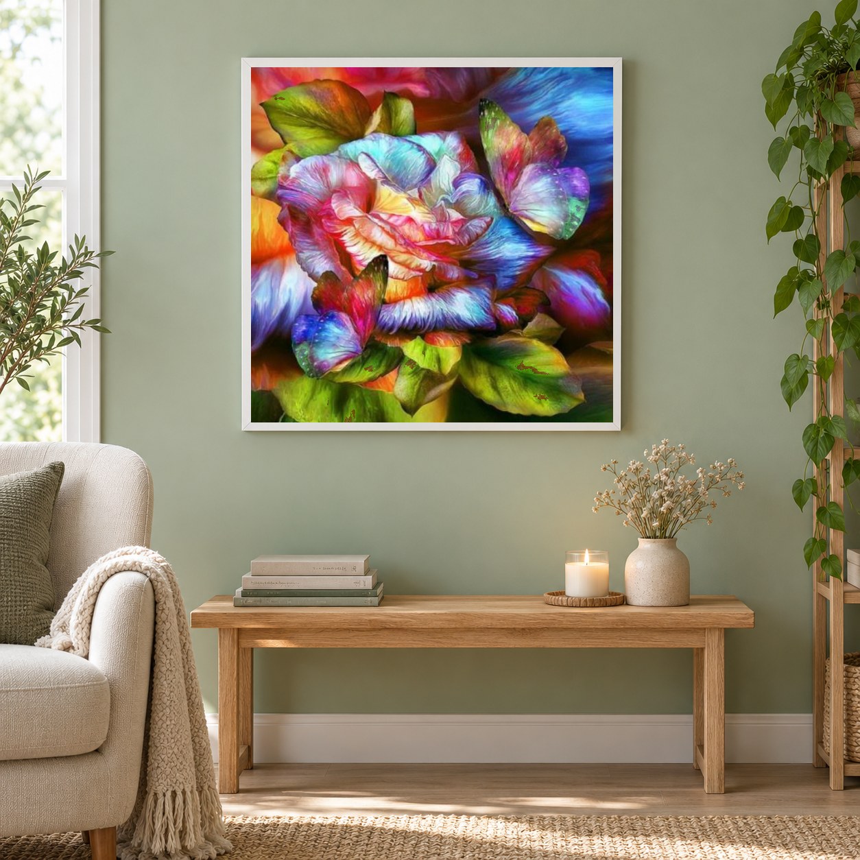 Regenbogen Schmetterlinge & Rose als gerahmtes Diamond Painting im Wohnzimmer
