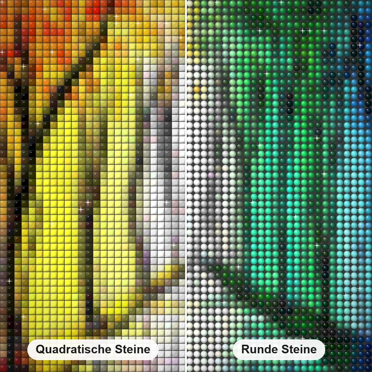Regenbogenbäume Diamond Painting Nahaufnahme mit quadratischen und runden Steinen