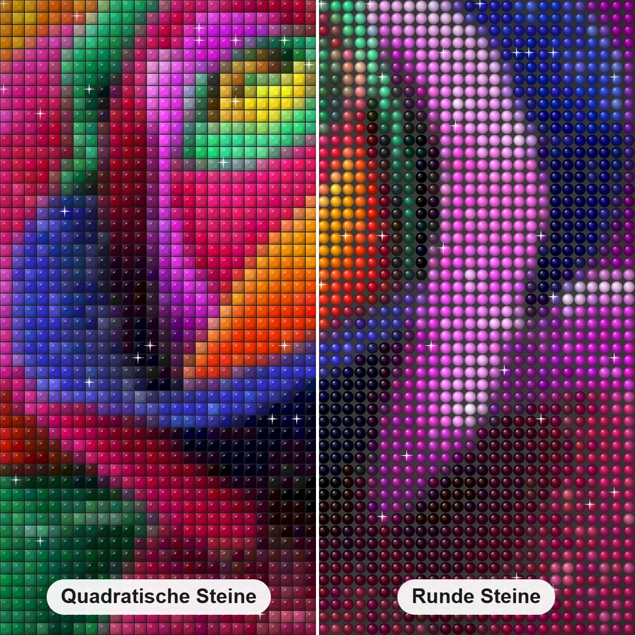 Regenbogenblume Diamond Painting Nahaufnahme mit quadratischen und runden Steinen