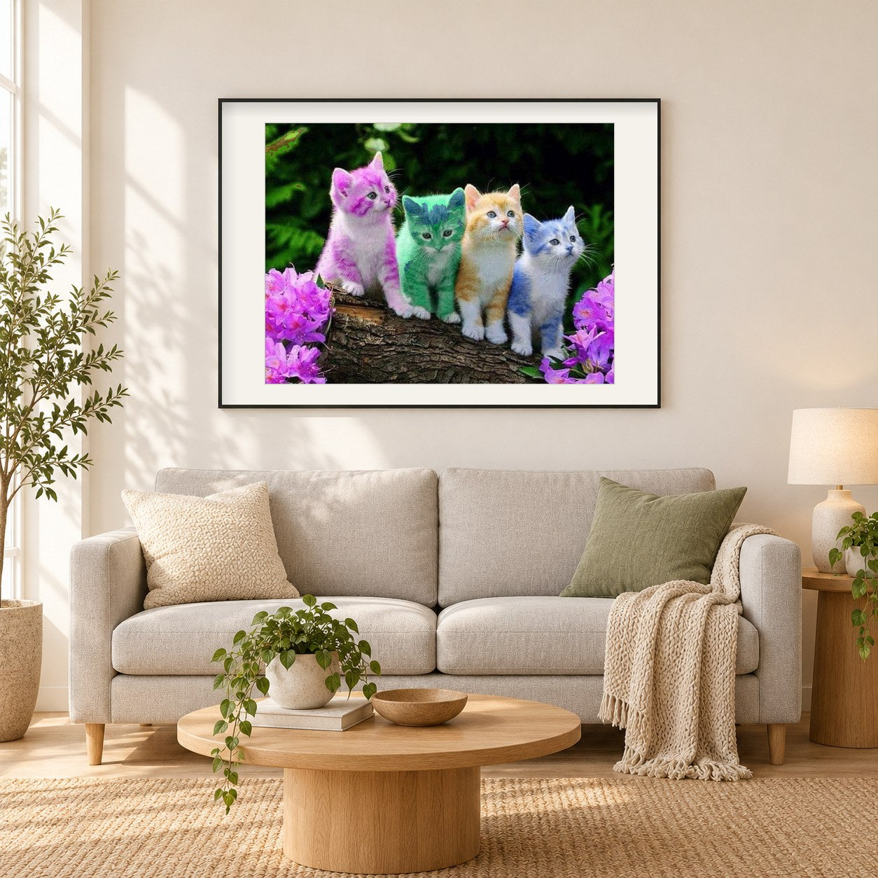 Regenbogenkätzchen als gerahmtes Diamond Painting im Wohnzimmer
