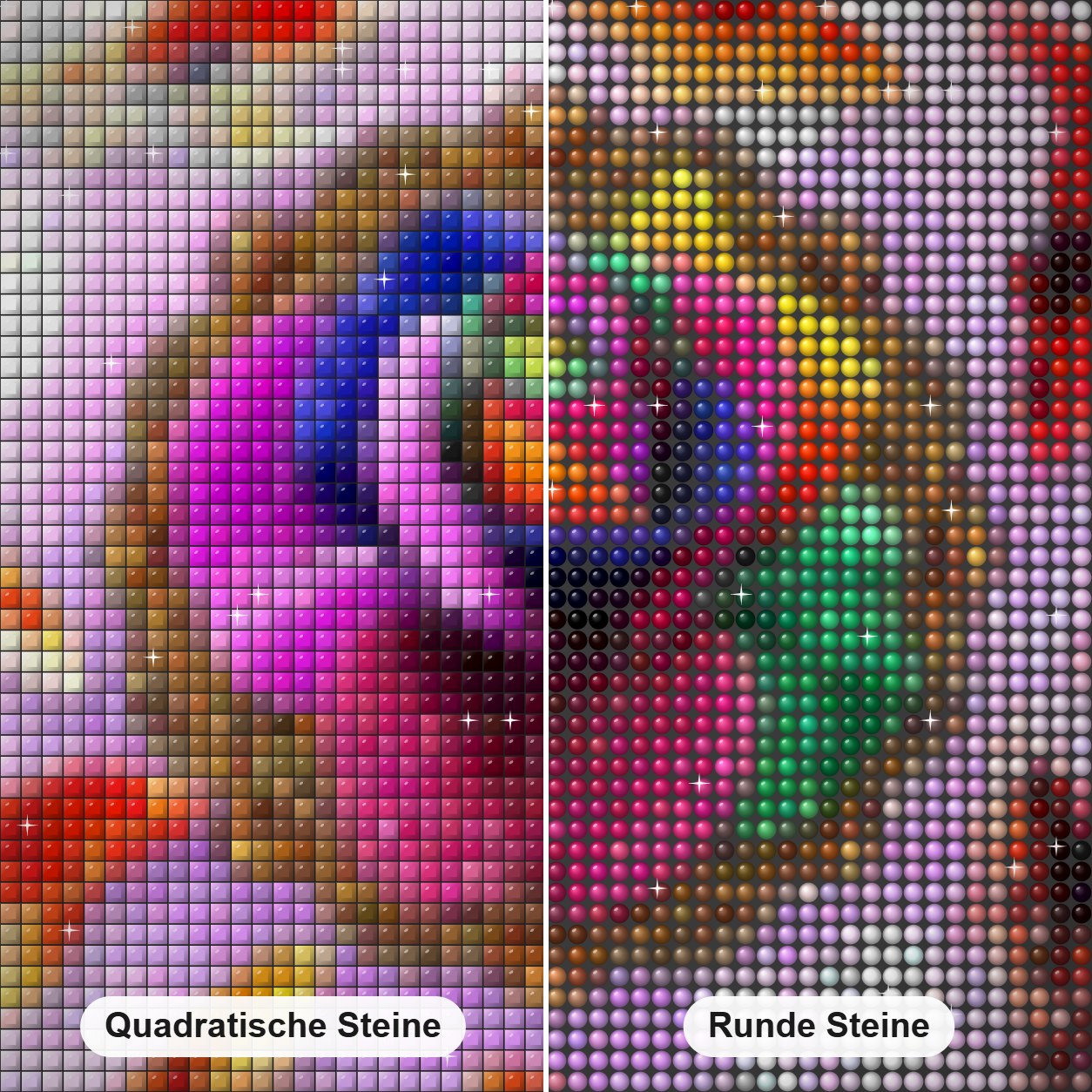 Regenbogenrose & Koi Fisch Diamond Painting Nahaufnahme mit quadratischen und runden Steinen