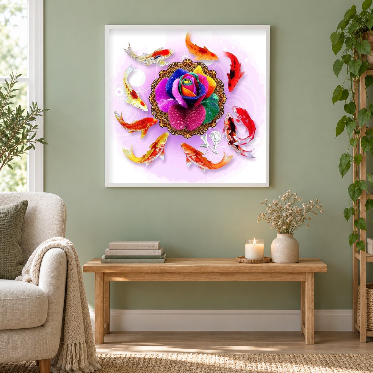 Regenbogenrose & Koi Fisch als gerahmtes Diamond Painting im Wohnzimmer