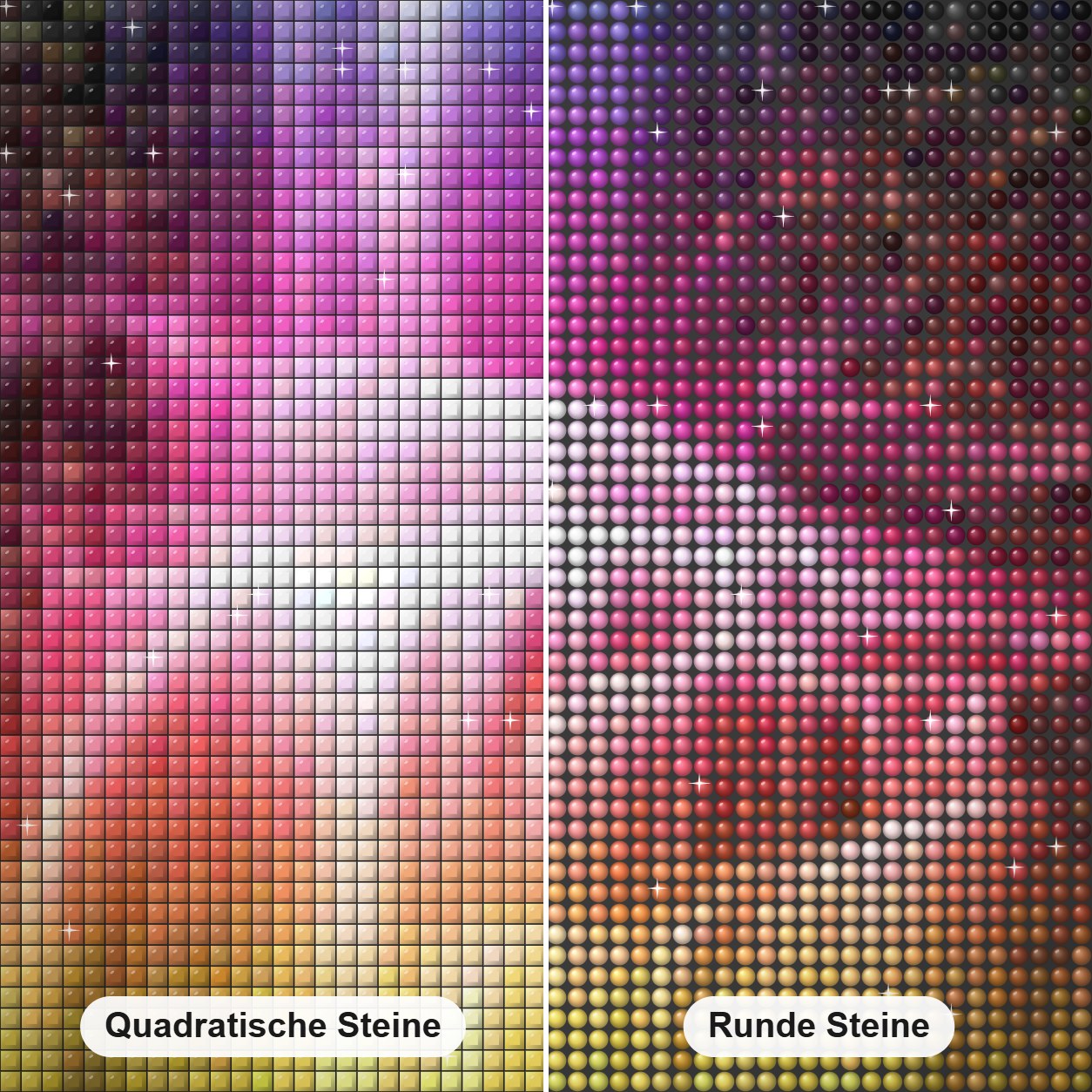 Regenbogenwasserfall Diamond Painting Nahaufnahme mit quadratischen und runden Steinen