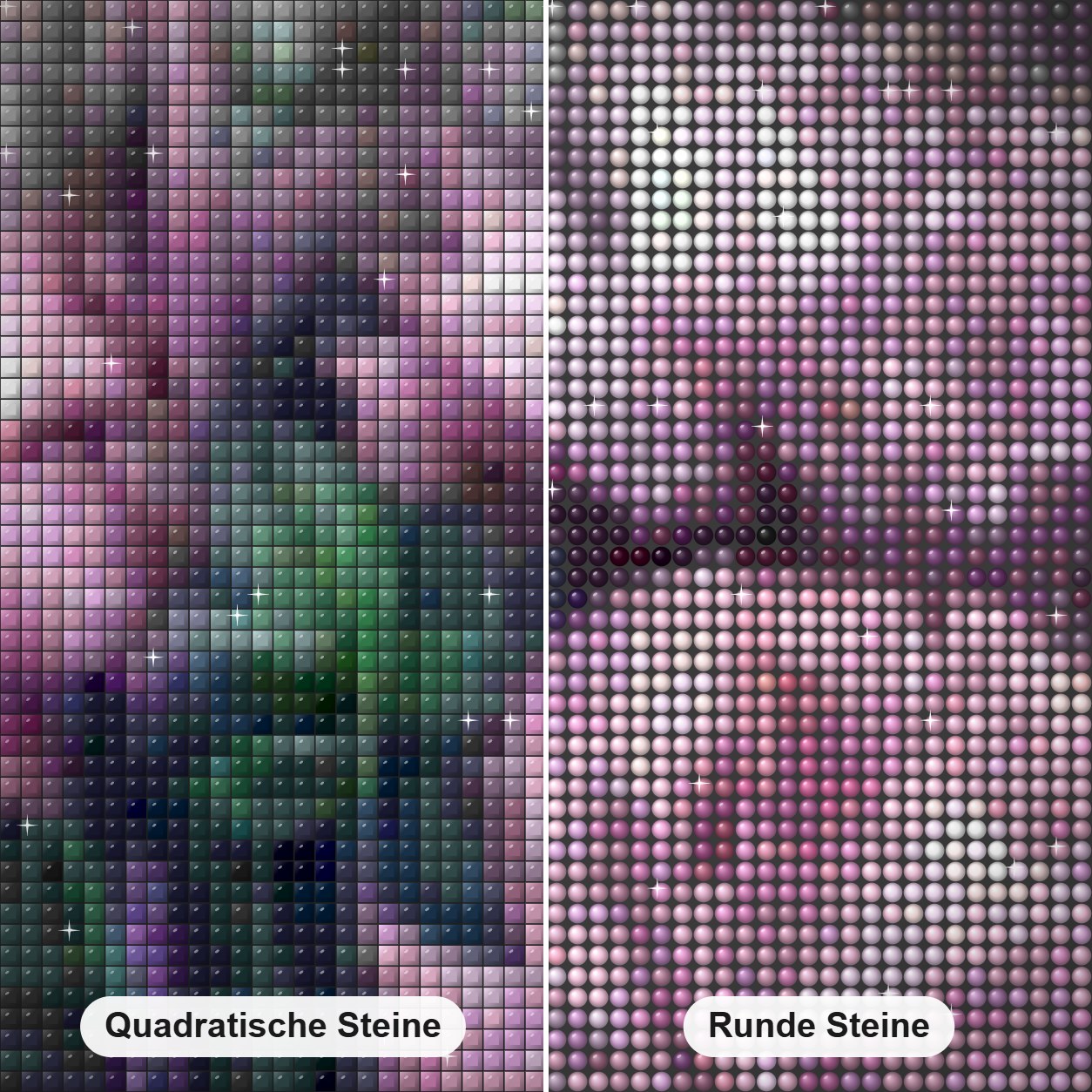 Regentropfen auf lila Rosen Diamond Painting Nahaufnahme mit quadratischen und runden Steinen