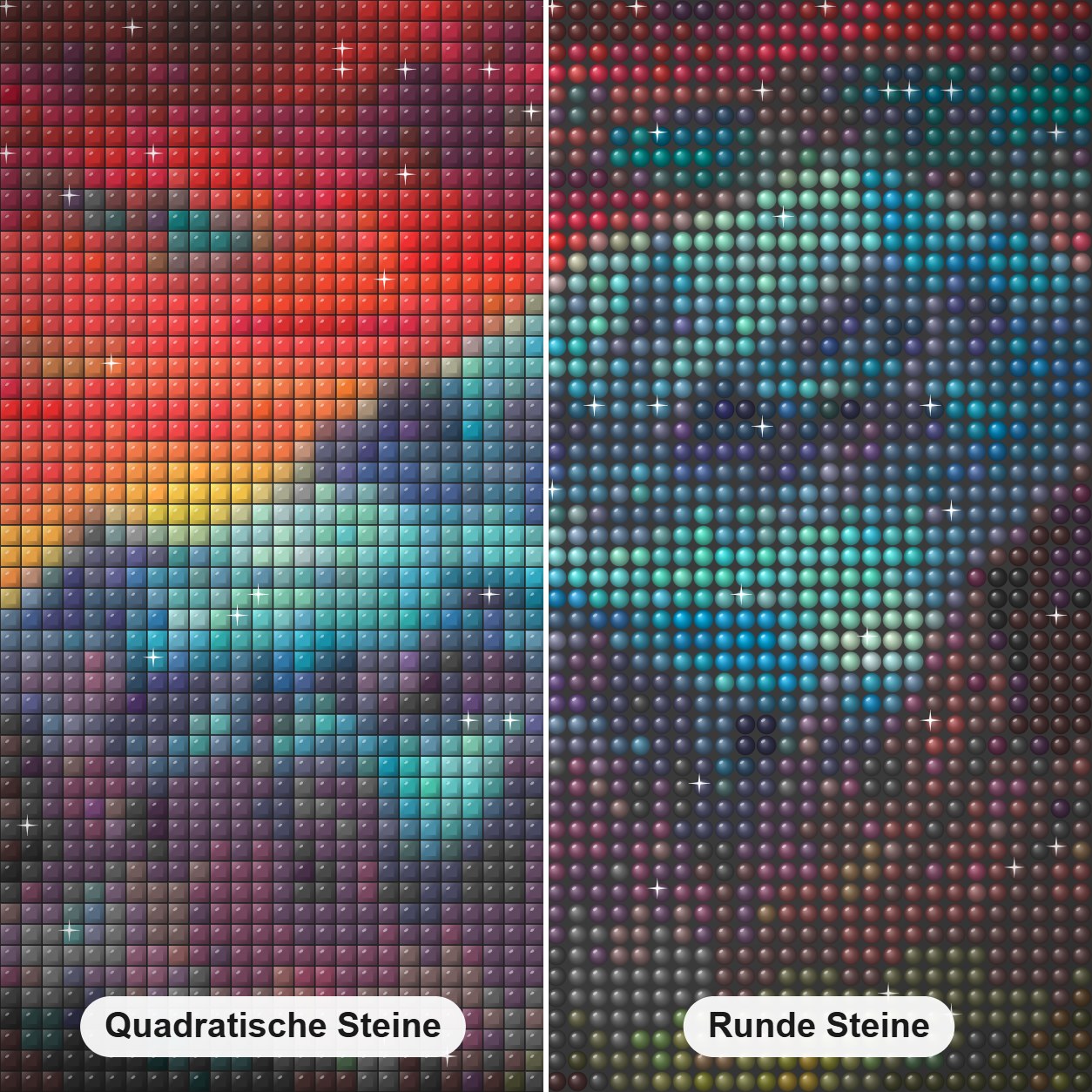Reminiszenz - Kunst des Jonn Einerssen Diamond Painting Nahaufnahme mit quadratischen und runden Steinen