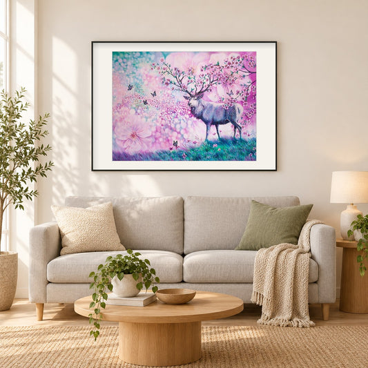 Rentier mit Blumenhörnern als gerahmtes Diamond Painting im Wohnzimmer