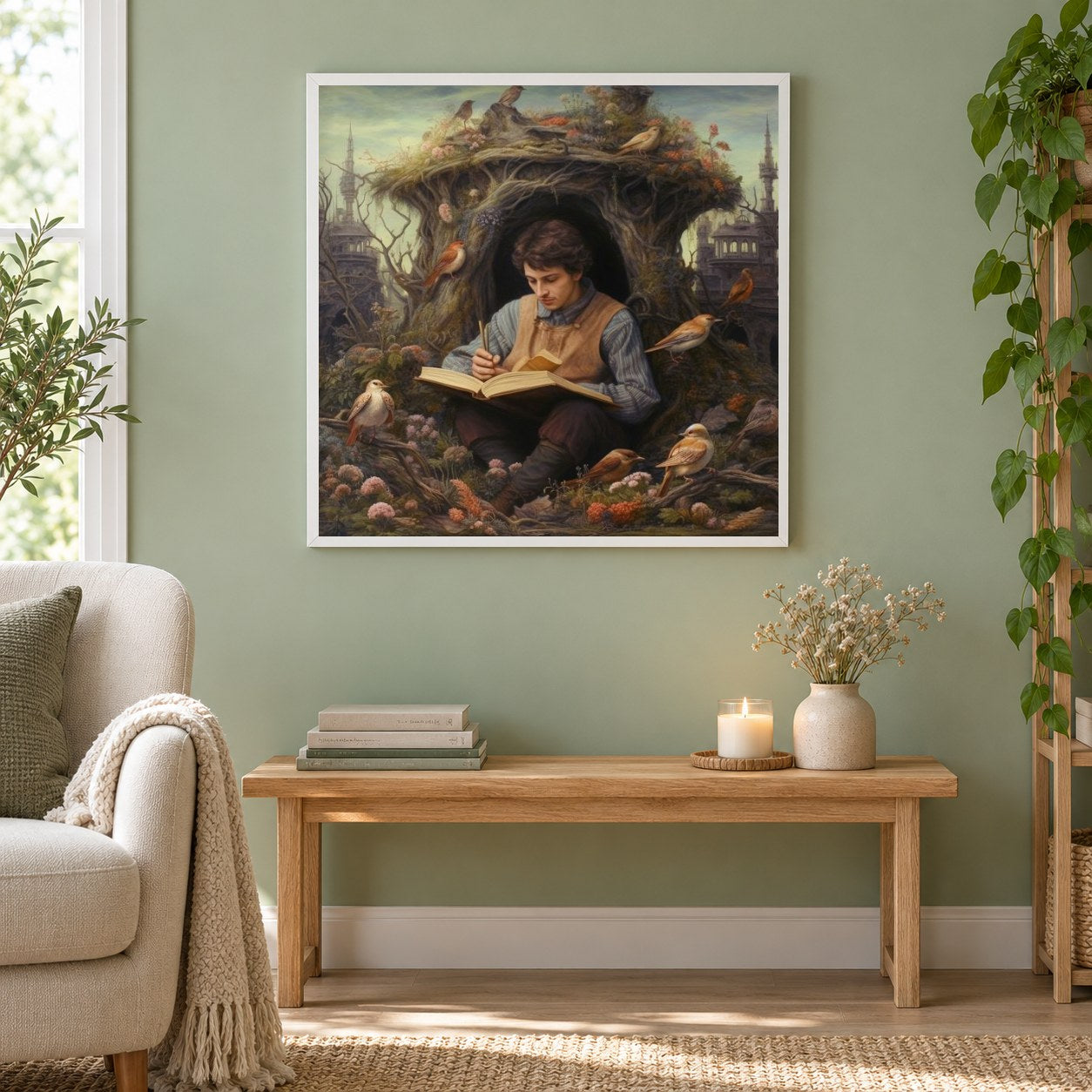 Enthüllung der Geheimnisse des Zauberbuchs als gerahmtes Diamond Painting im Wohnzimmer