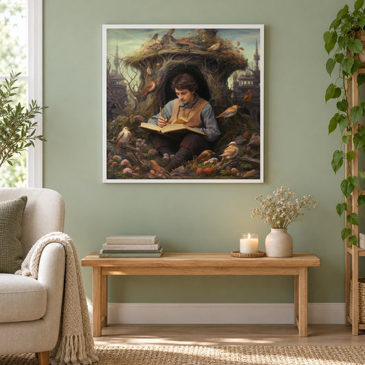 Enthüllung der Geheimnisse des Zauberbuchs als gerahmtes Diamond Painting im Wohnzimmer