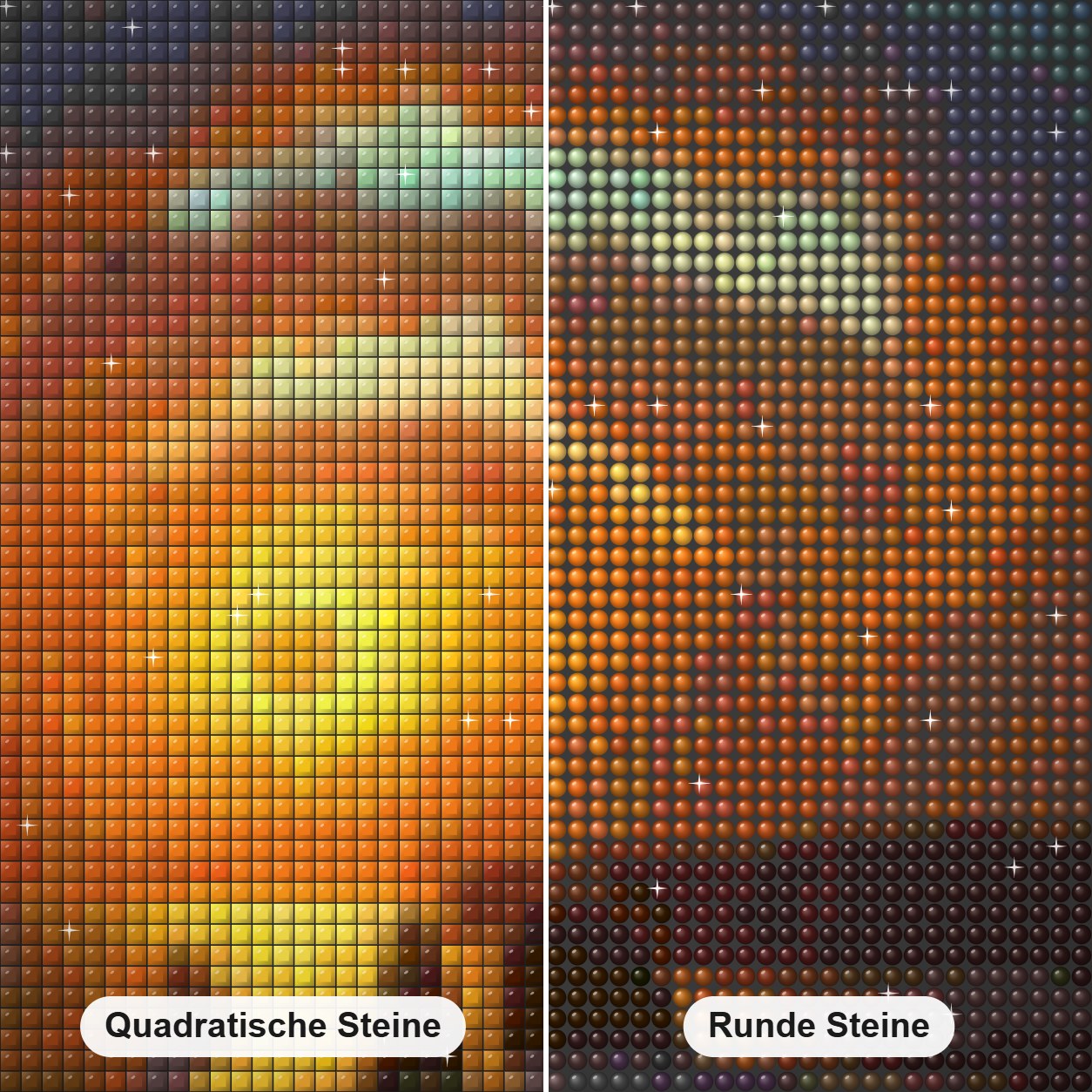 Rhads  Strandkunst Diamond Painting Nahaufnahme mit quadratischen und runden Steinen