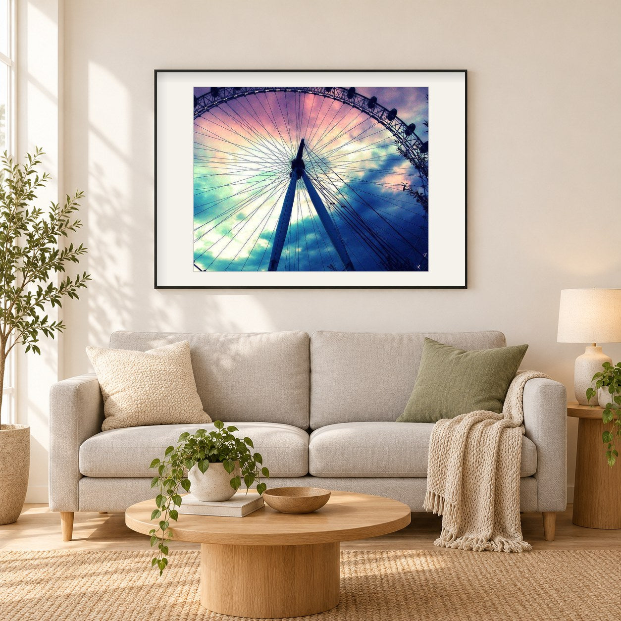 Riesend Drehrad als gerahmtes Diamond Painting im Wohnzimmer