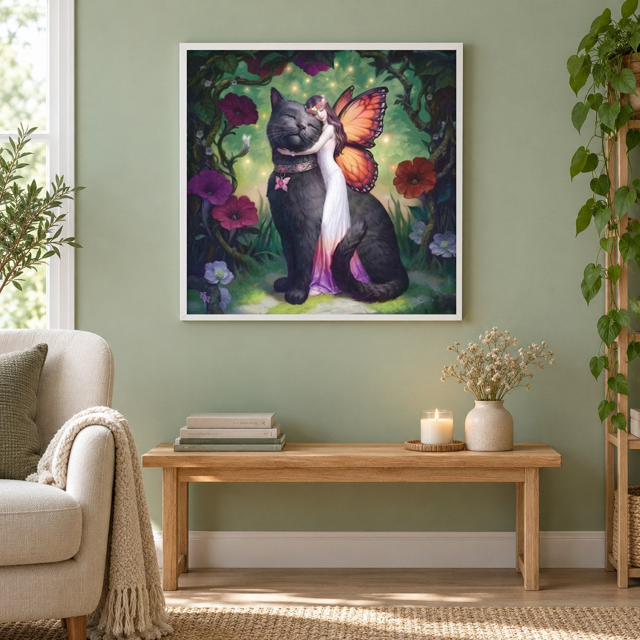 Riesenkatze & Fee Mal-Kit als gerahmtes Diamond Painting im Wohnzimmer