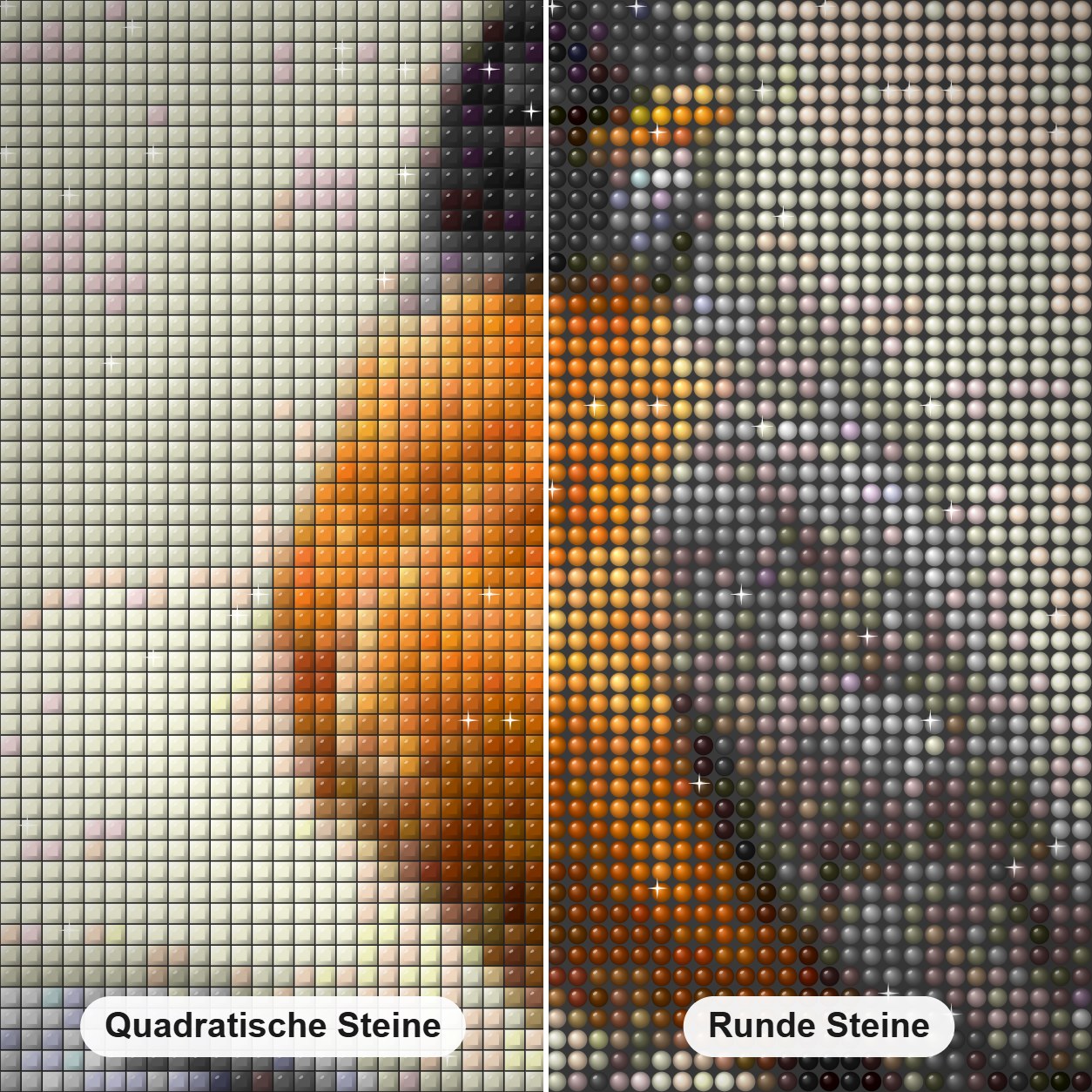 Robin - Kunst des Denise Dundon Diamond Painting Nahaufnahme mit quadratischen und runden Steinen