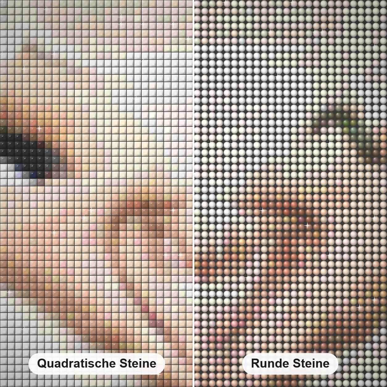 Romantisches Paar Diamond Painting Nahaufnahme mit quadratischen und runden Steinen