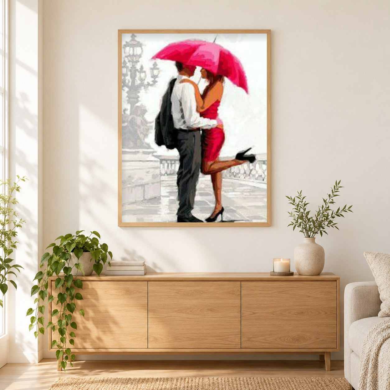 Romantisches Paar & roter Regenschirm als gerahmtes Diamond Painting im Wohnzimmer