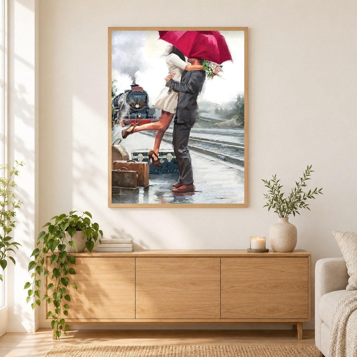 Romantisches Paar umarmt als gerahmtes Diamond Painting im Wohnzimmer