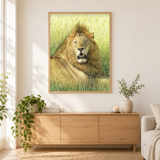 Romeo Masai Mara Löwe - Kunst des Eric Wilson als gerahmtes Diamond Painting im Wohnzimmer