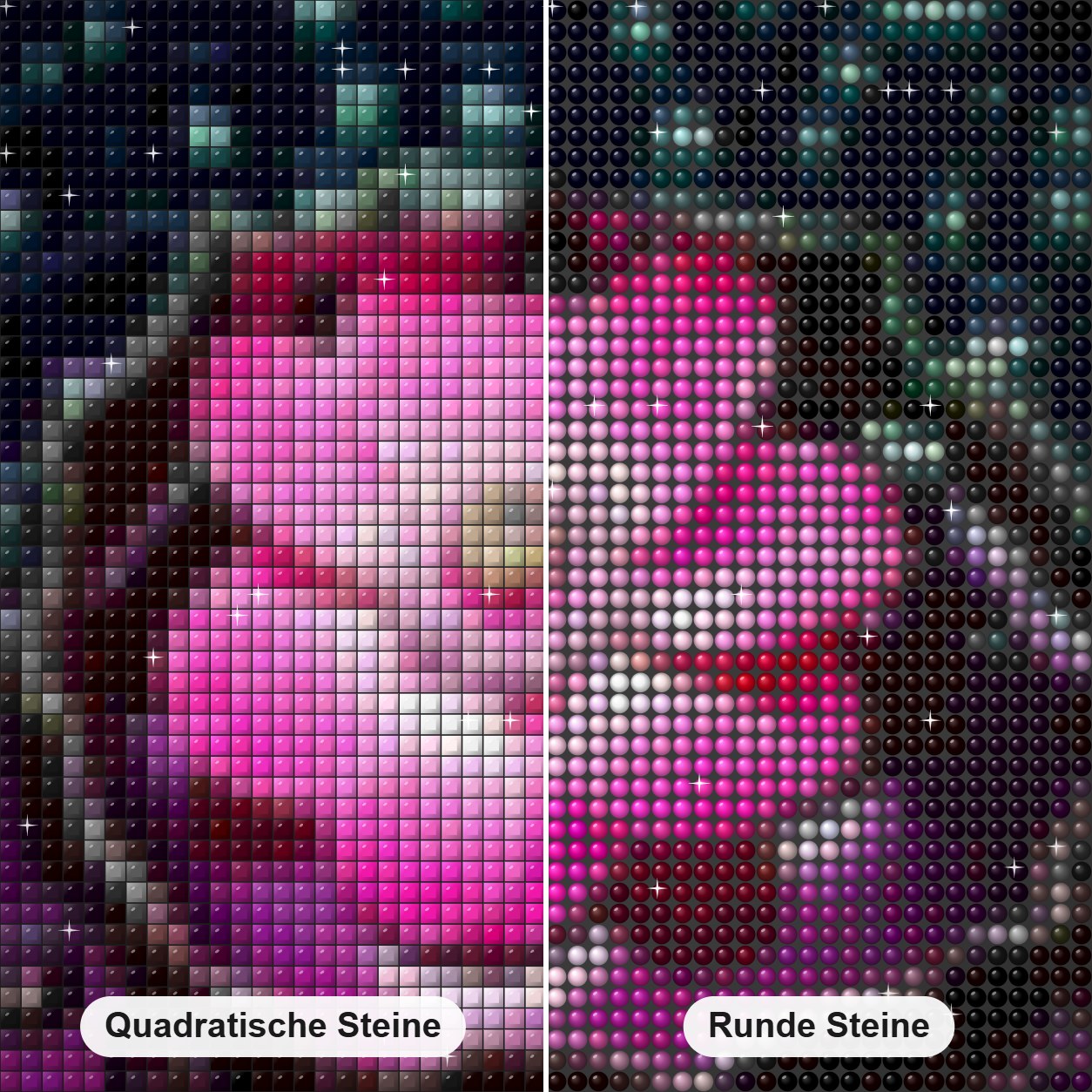 Rosa Blume im Wasser u. Regentropfen Diamond Painting Nahaufnahme mit quadratischen und runden Steinen