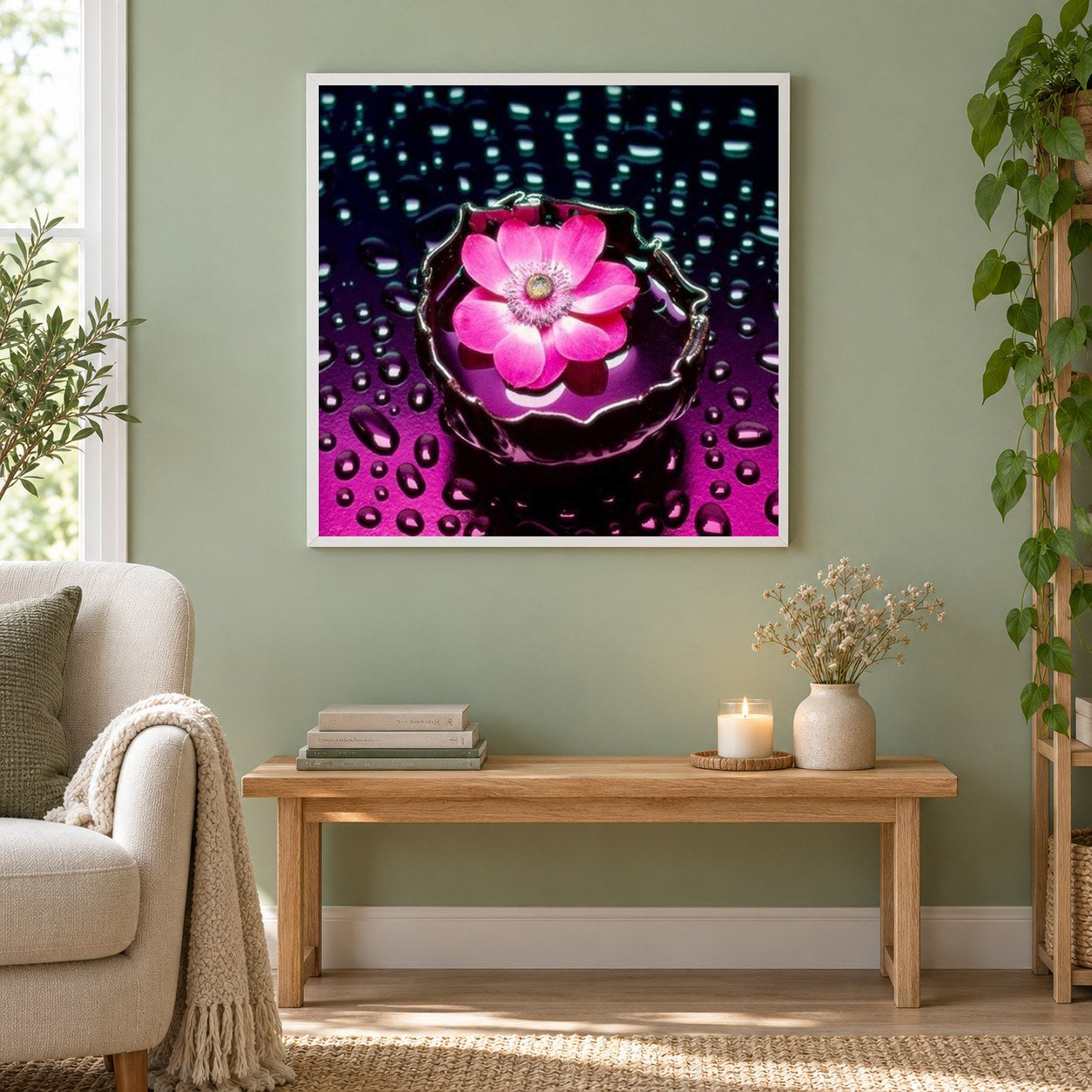 Rosa Blume im Wasser u. Regentropfen als gerahmtes Diamond Painting im Wohnzimmer