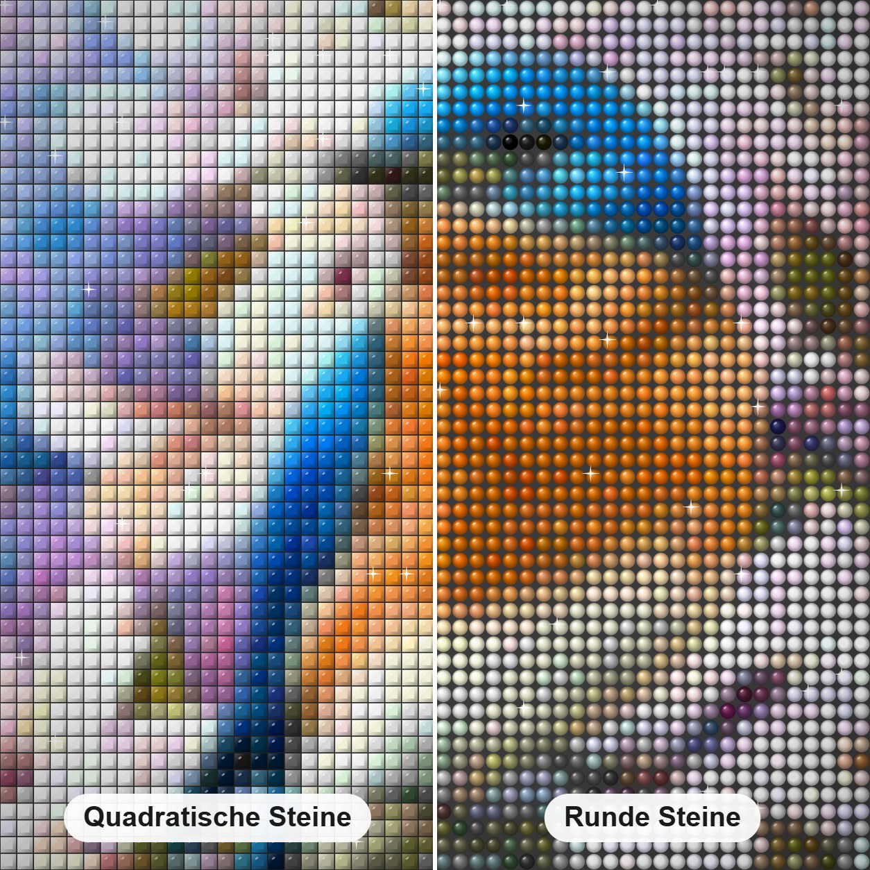 Rosa Blumen u. Blaues Vogelpaar Diamond Painting Nahaufnahme mit quadratischen und runden Steinen