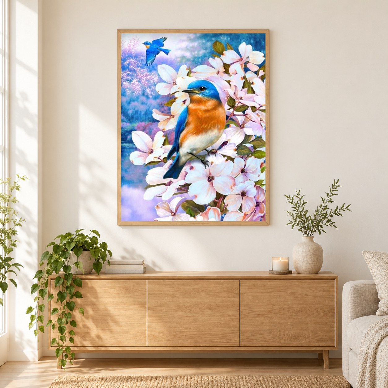 Rosa Blumen u. Blaues Vogelpaar als gerahmtes Diamond Painting im Wohnzimmer