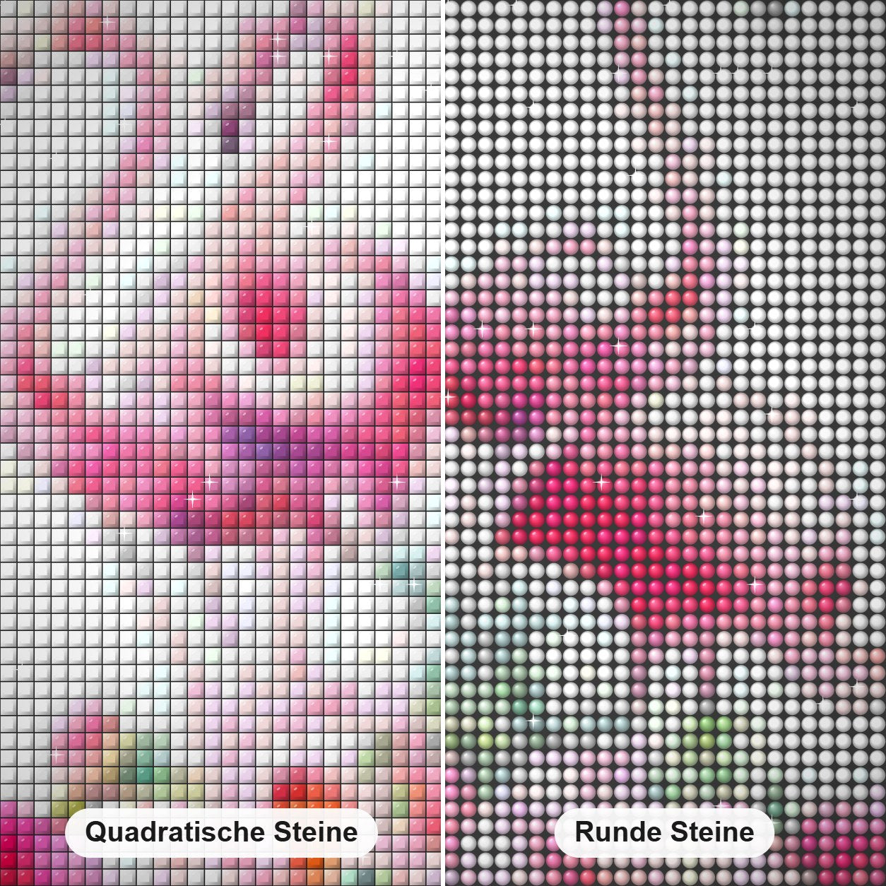 Rosa Flamingos & Blumen Diamond Painting Nahaufnahme mit quadratischen und runden Steinen