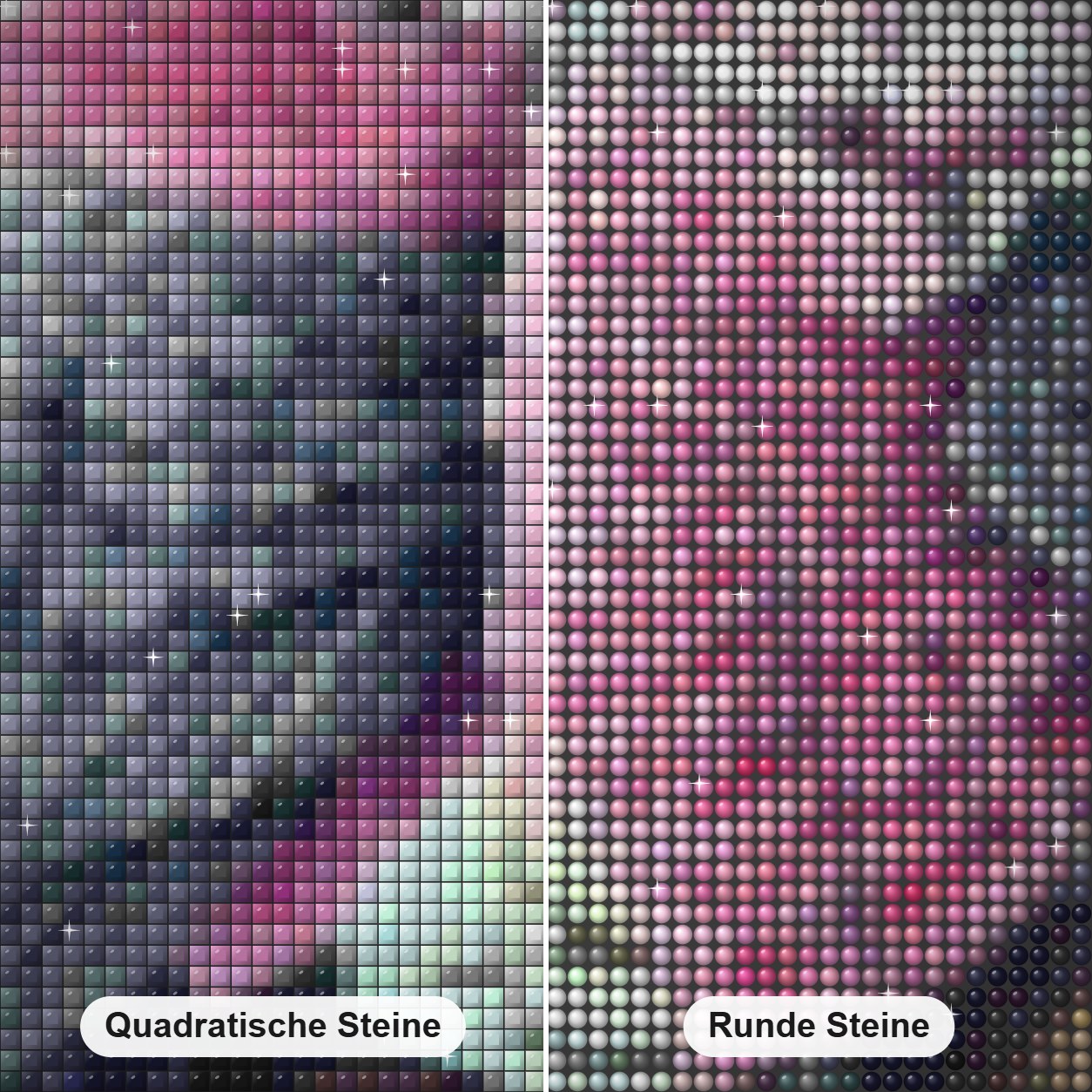 Rosa & graue Kakadus Paar Diamond Painting Nahaufnahme mit quadratischen und runden Steinen