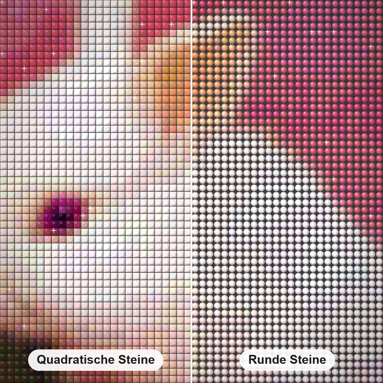 rosa Hase Diamond Painting Nahaufnahme mit quadratischen und runden Steinen