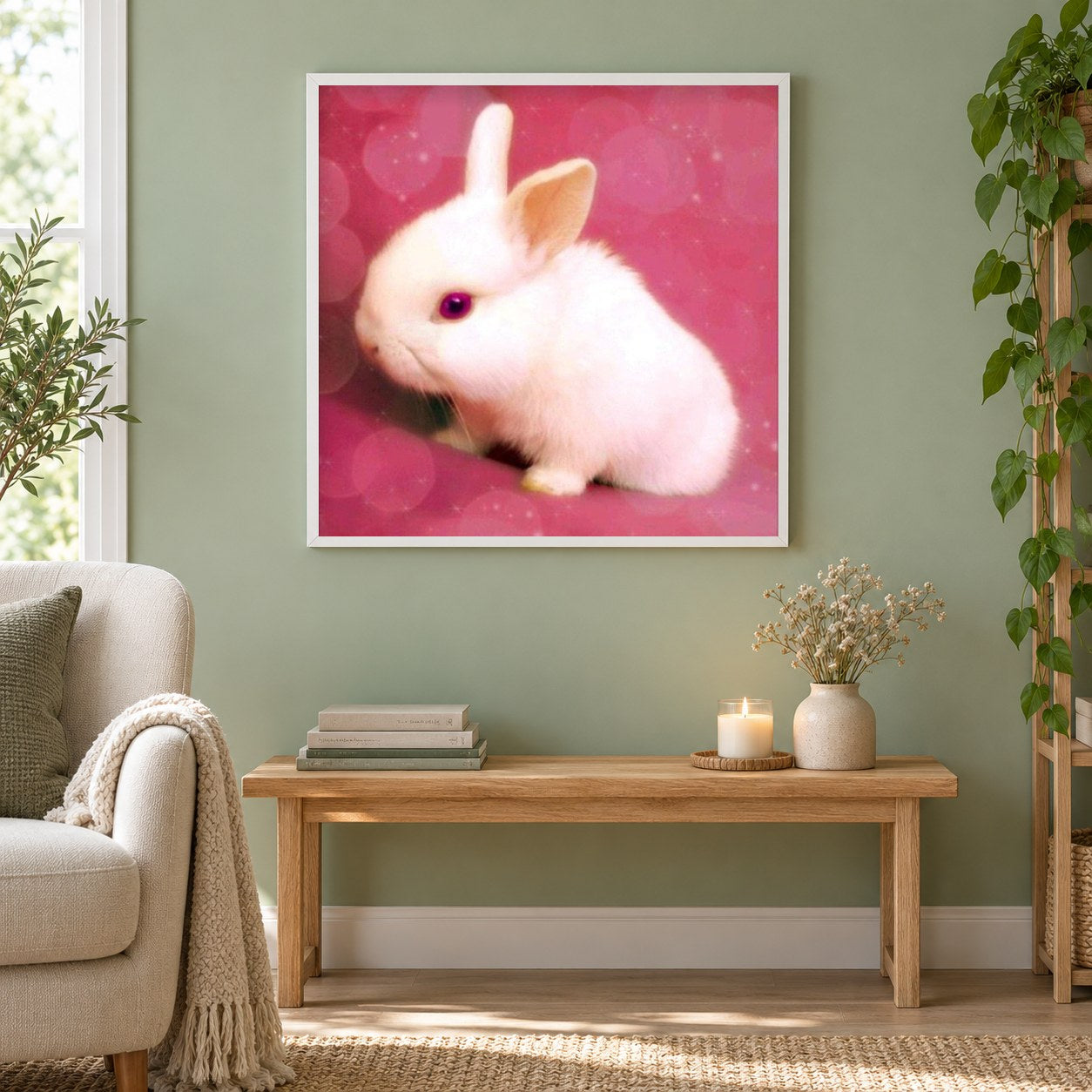 rosa Hase als gerahmtes Diamond Painting im Wohnzimmer