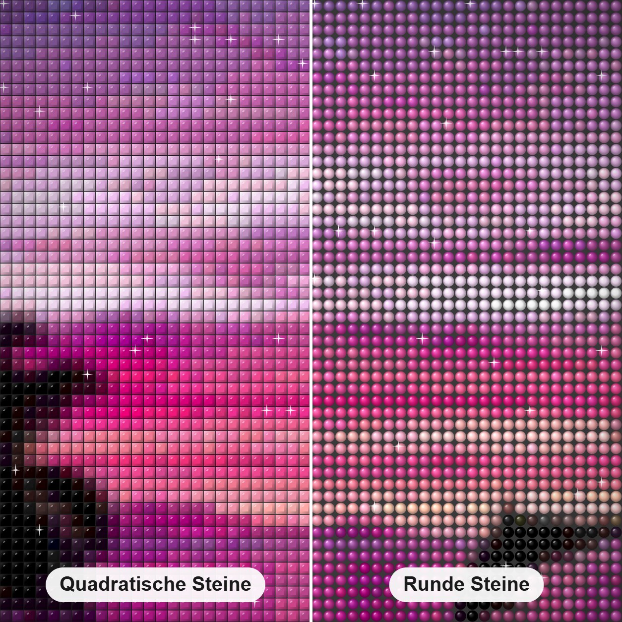 Rosa Himmel & Delfine Paar Diamond Painting Nahaufnahme mit quadratischen und runden Steinen