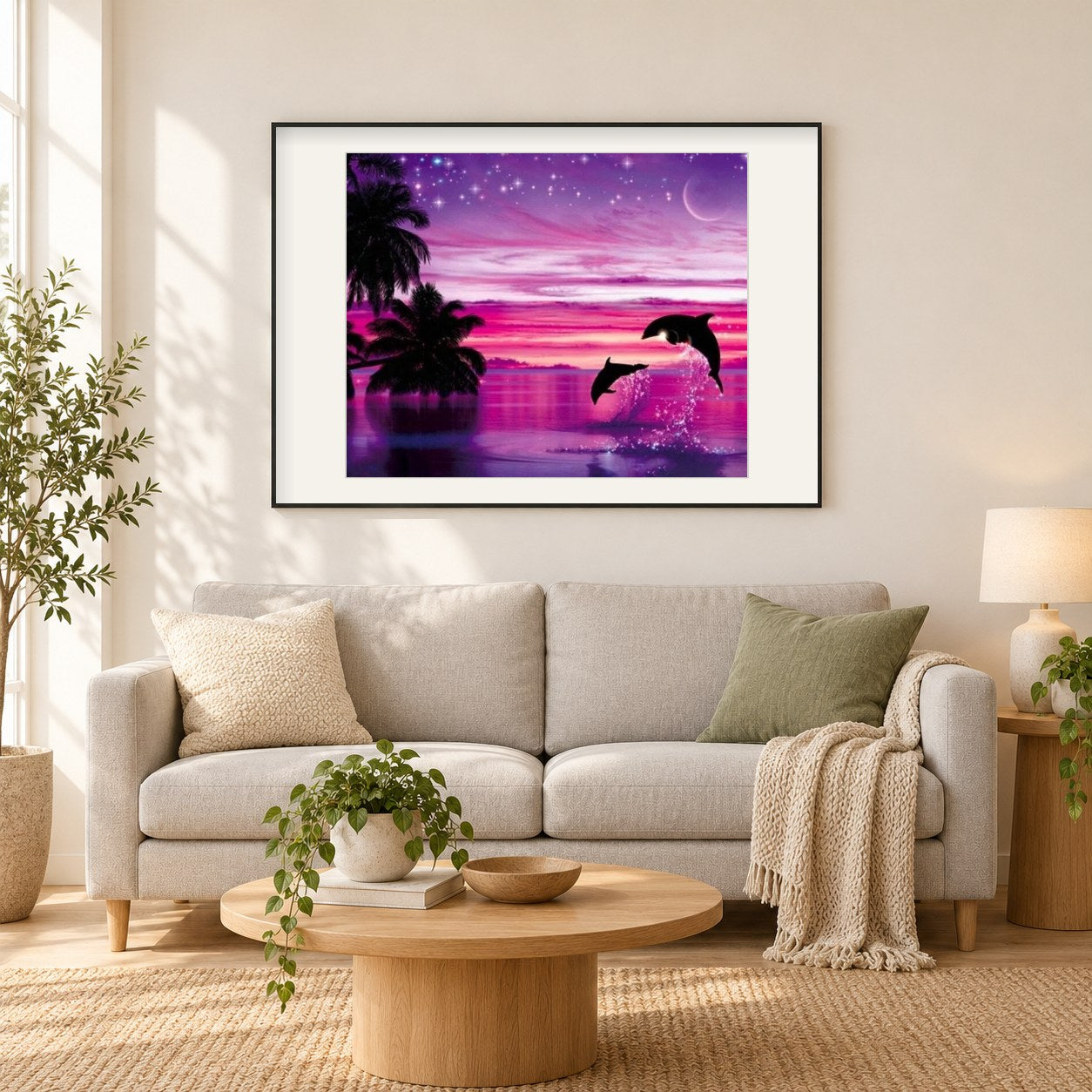 Rosa Himmel & Delfine Paar als gerahmtes Diamond Painting im Wohnzimmer