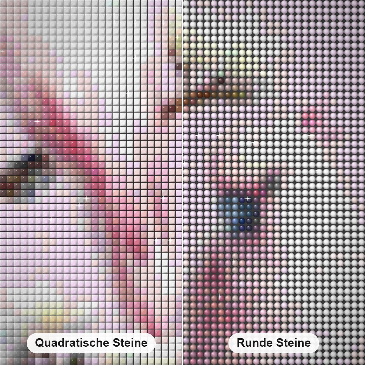 Rosa Kakaduspaar. Diamond Painting Nahaufnahme mit quadratischen und runden Steinen