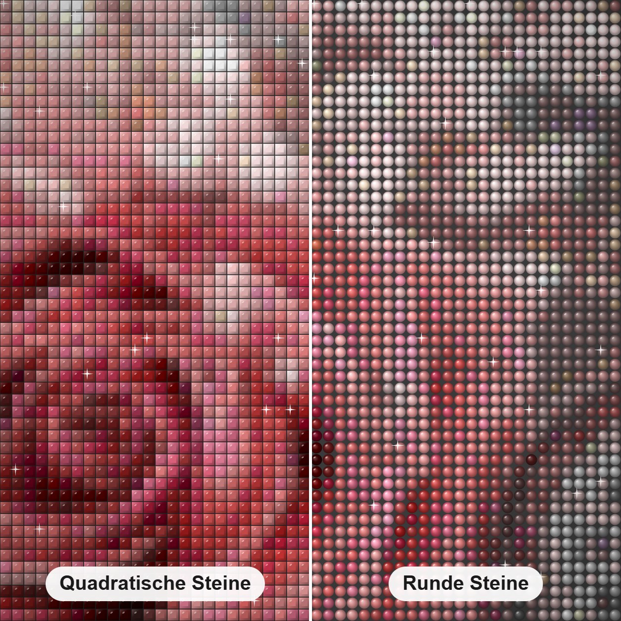 Rosa Rose & Uhr Diamond Painting Nahaufnahme mit quadratischen und runden Steinen